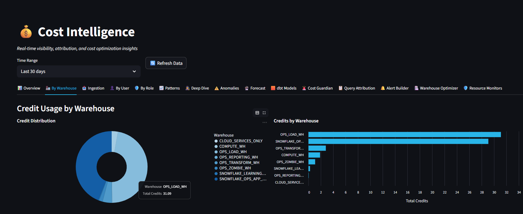 Cost Intelligence page with per-warehouse credit breakdown, sidebar navigation showing all 19+ modules
