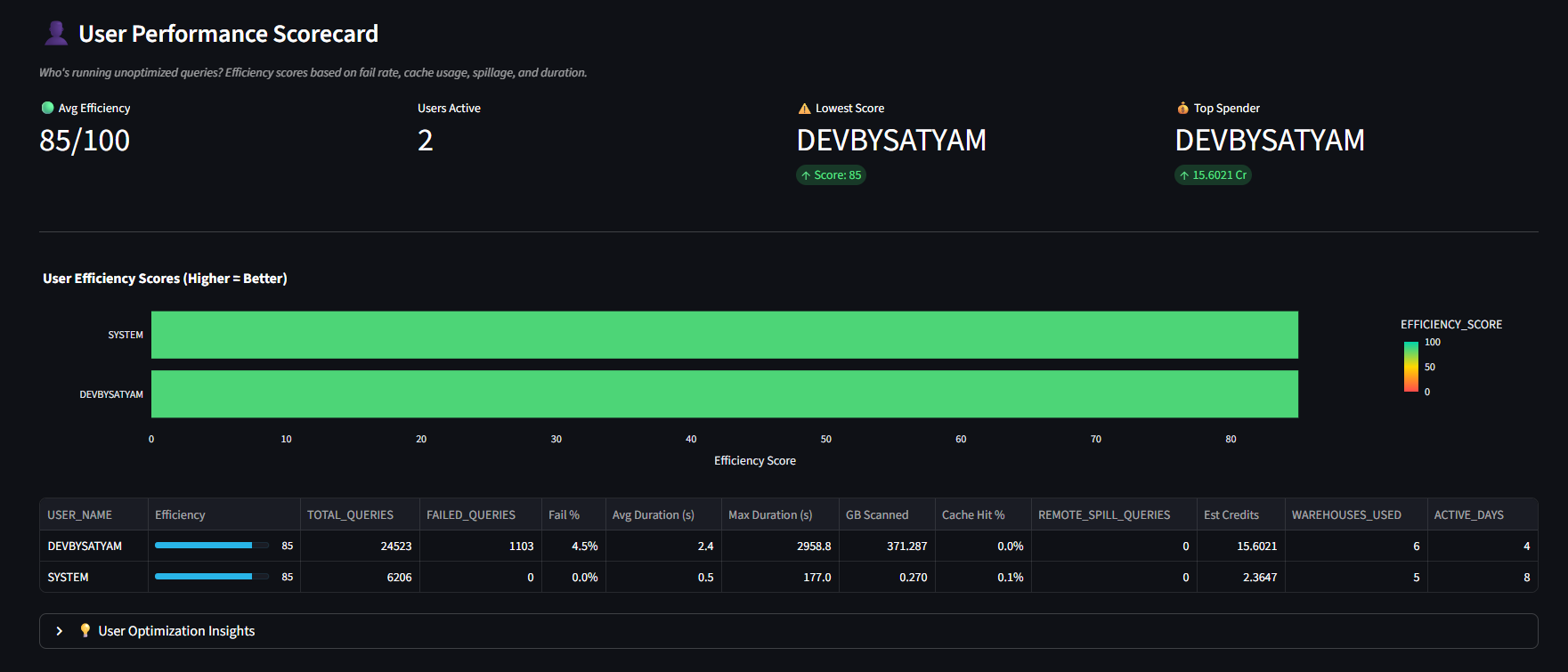 User Performance Scorecard showing efficiency 85 out of 100, fail rate, cache hit percentage, and per-user query metrics